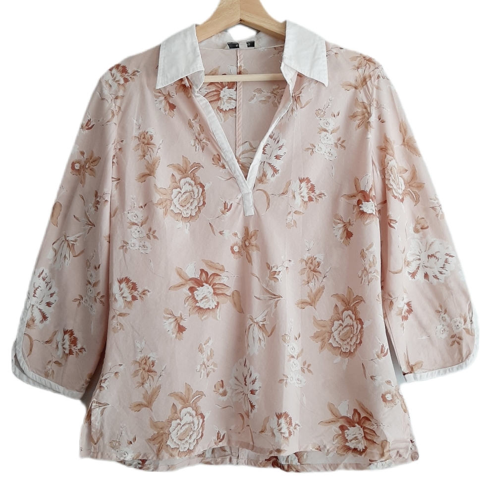 🍒 RW&CO. Floral Elbow Sleeve Split Neck Blouse Top Pink Sz L
